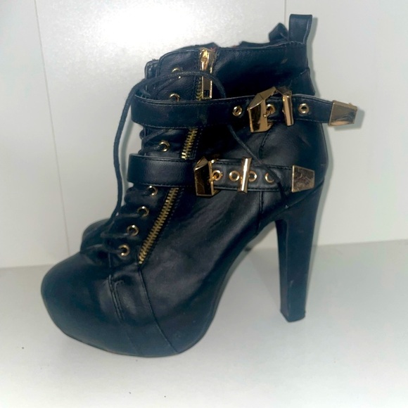 Black platform booties buckle heels boot heels zip up boots - Picture 1 of 6